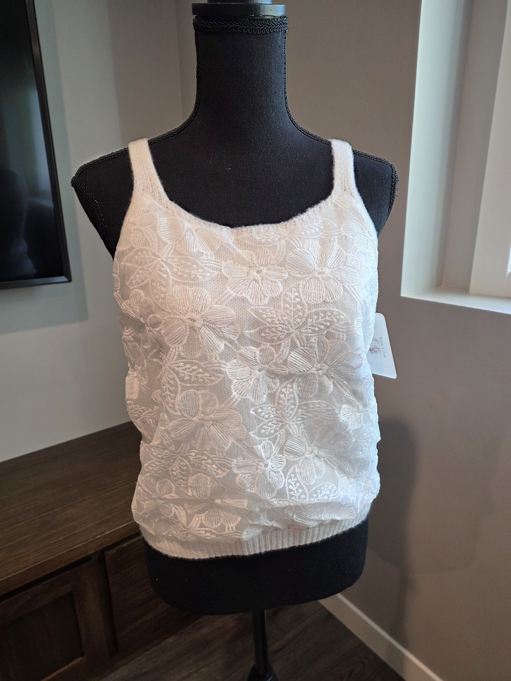 White Floral Lace Knit Tank Top